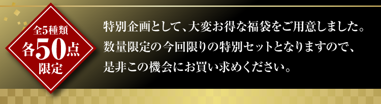 大変お得な福袋をご用意しました。数量限定の今回限りの特別セットとなりますので、是非この機会にお買い求めください。