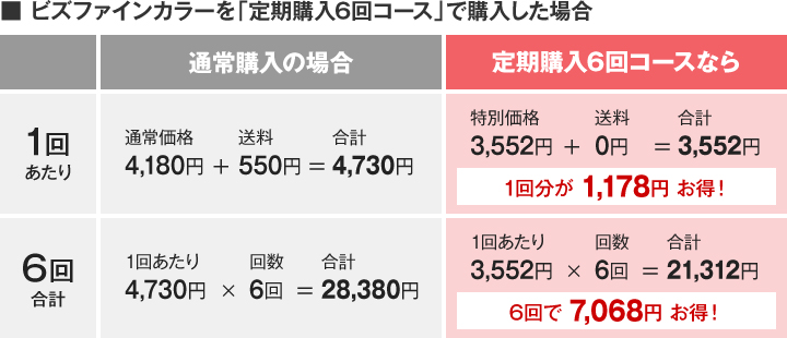 ビズファインカラーを6回コースで購入した場合